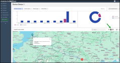 Device Status dashboard showing endpoint status charts and a world map highlighting endpoint locations and routing paths, with controls to toggle map views, filters, and status details